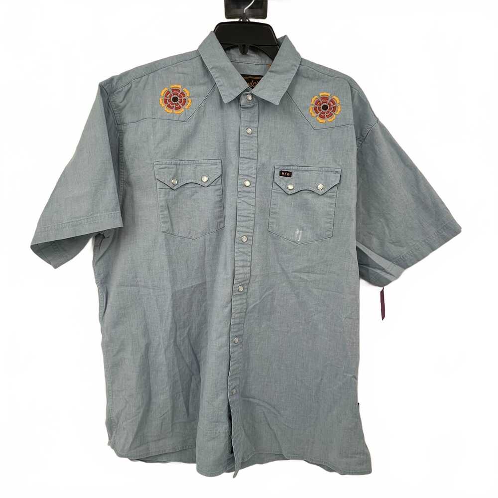 Howler Blue Button-Up Top with Embroidered Flowers | XL Regular